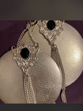 Elegant Silver-Tone Filigree Tassel Earrings with Black Stone